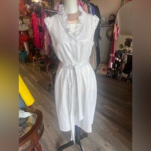 Magaschoni Collection white and metallic silver ruffled shirt dress sz 10